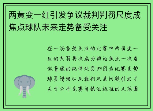 两黄变一红引发争议裁判判罚尺度成焦点球队未来走势备受关注